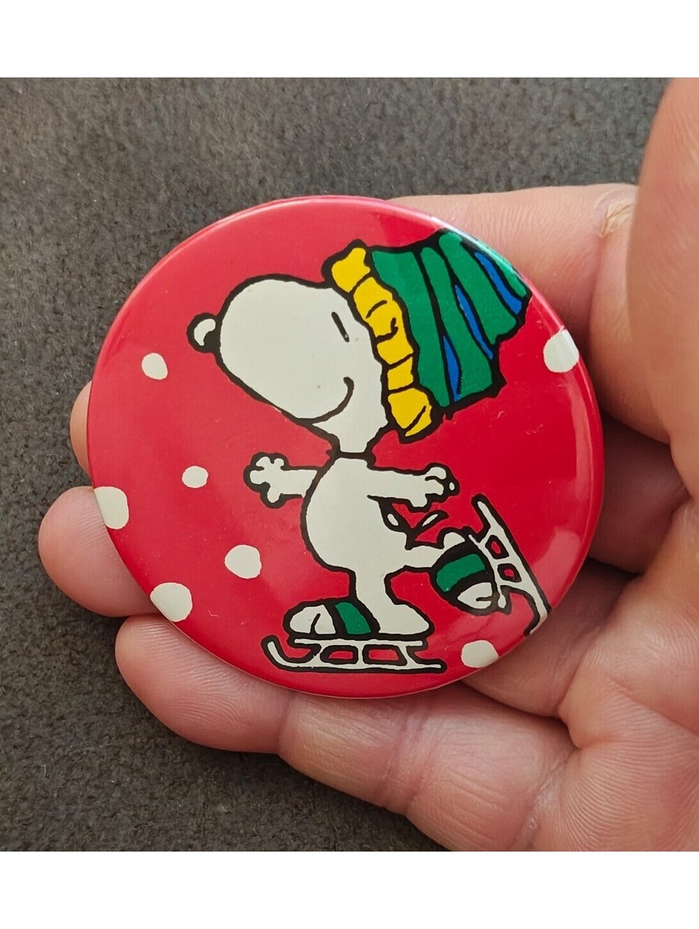 1980s Peanuts Snoopy Ice Skating Holiday Pinback Button